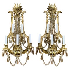 Pair Antique French Ormolu and Cut Crystal 5-Light Wall Sconces, Circa 1845-1860