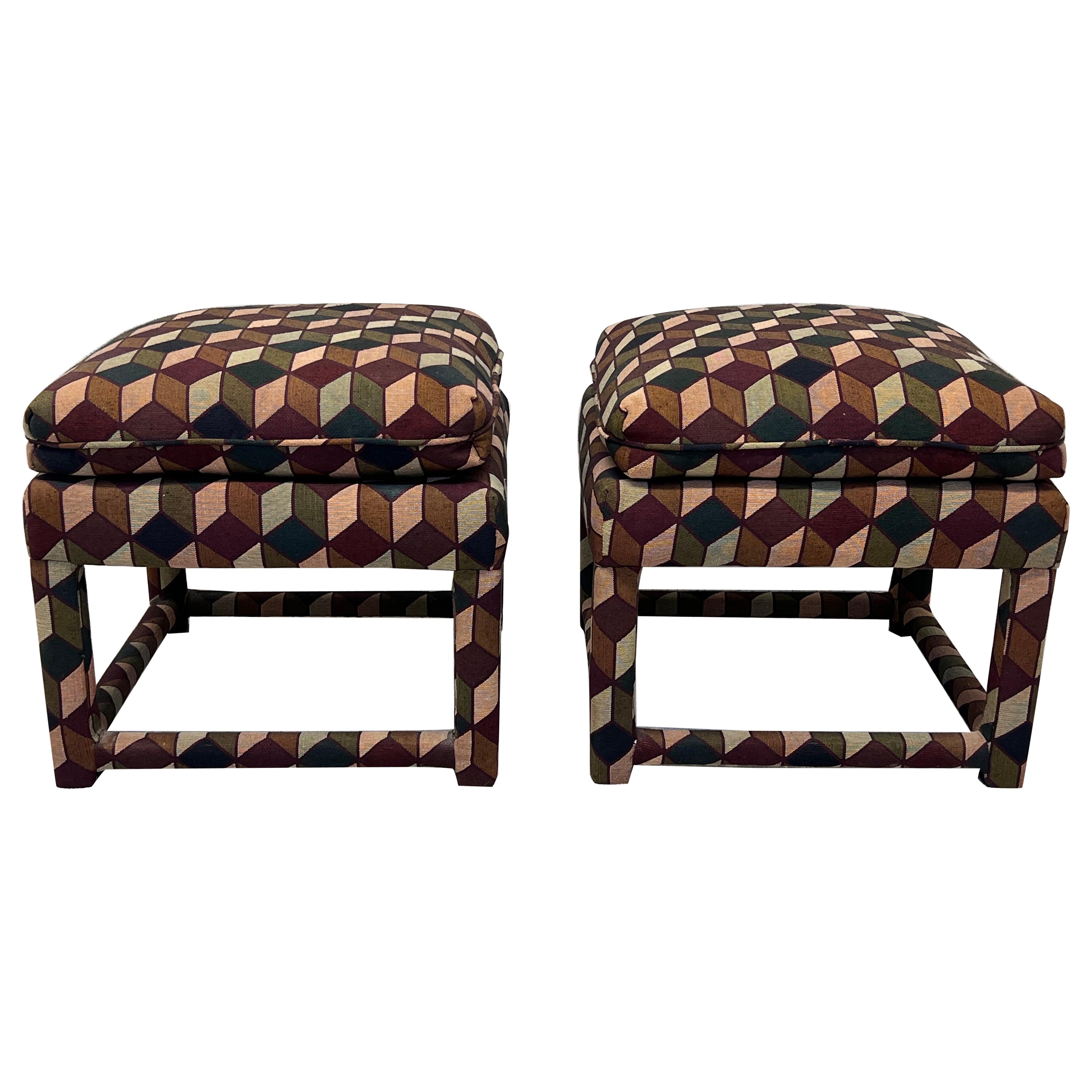 Mid-Century Stools with Tumbling Block Pattern Fabric and Down Cushions, a Pair