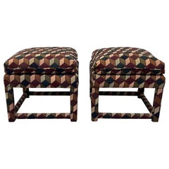 Retro Mid-Century Stools with Tumbling Block Pattern Fabric and Down Cushions, a Pair