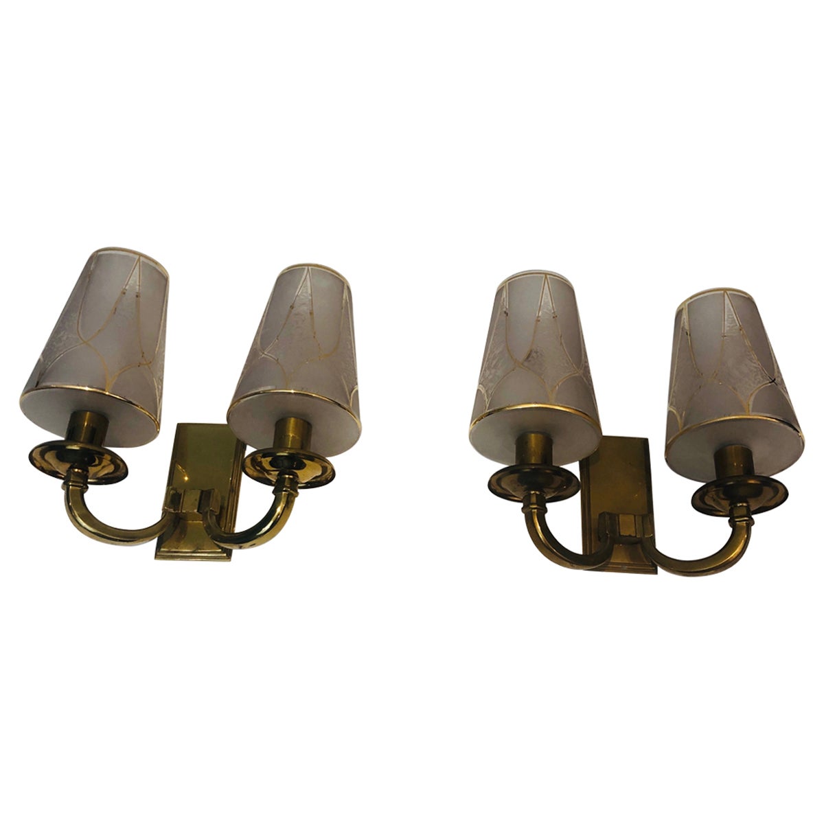 Pair of Art Deco Brass Wall Lights, French Work in the Style of Perzel, 1900's For Sale