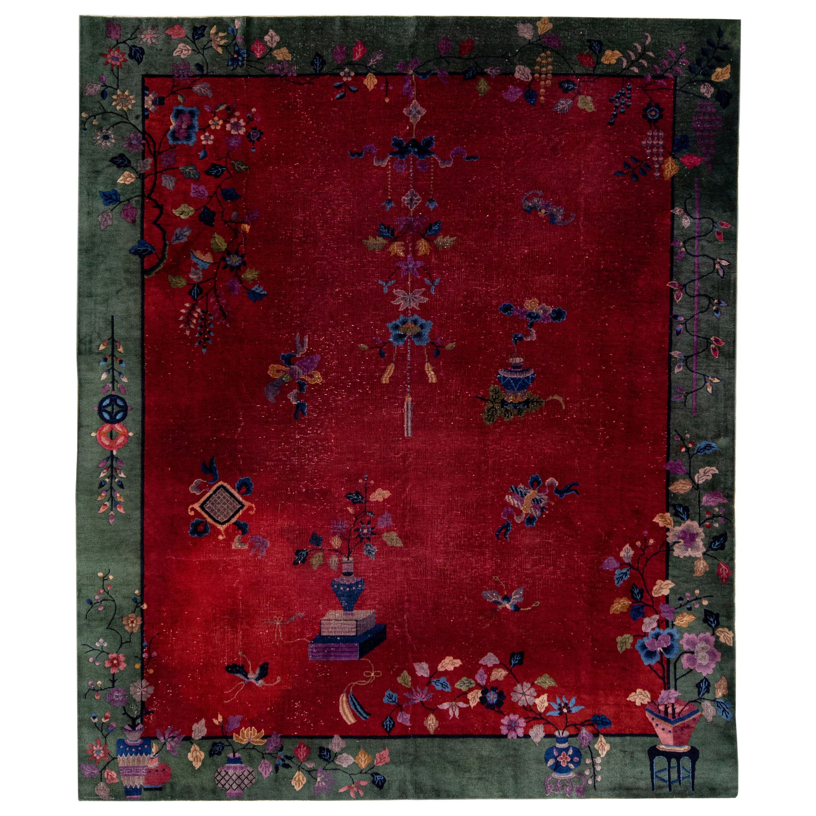 20th Century Antique Art Deco Red & Green Handmade Chinese Wool Rug For Sale