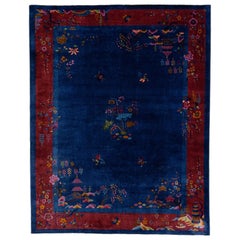 Tapis Art Déco ancien du 20ème siècle en laine bleue chinoise à motifs floraux faits à la main