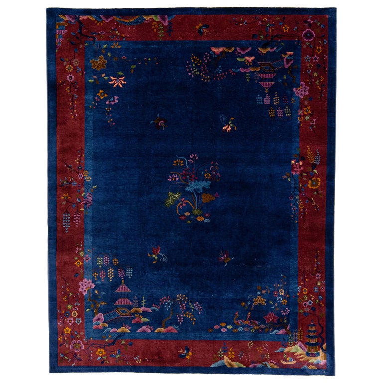 20th Century Antique Art Deco Handmade Blue Chinese Wool Rug Floral