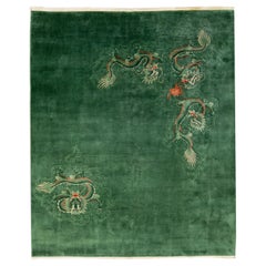 Green Vintage Chinese Peking Handmade Wool Rug with Dragon Design
