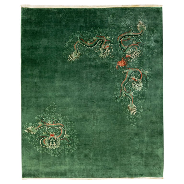 Chinese Rugs Design Green Vintage Chinese Peking Handmade Wool Rug with Dragon Design For ...