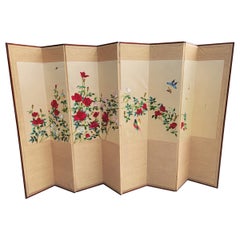 Vintage 1950s Asian Eight-Panel Silk Embroidered Folding Floor Screen Room Divider