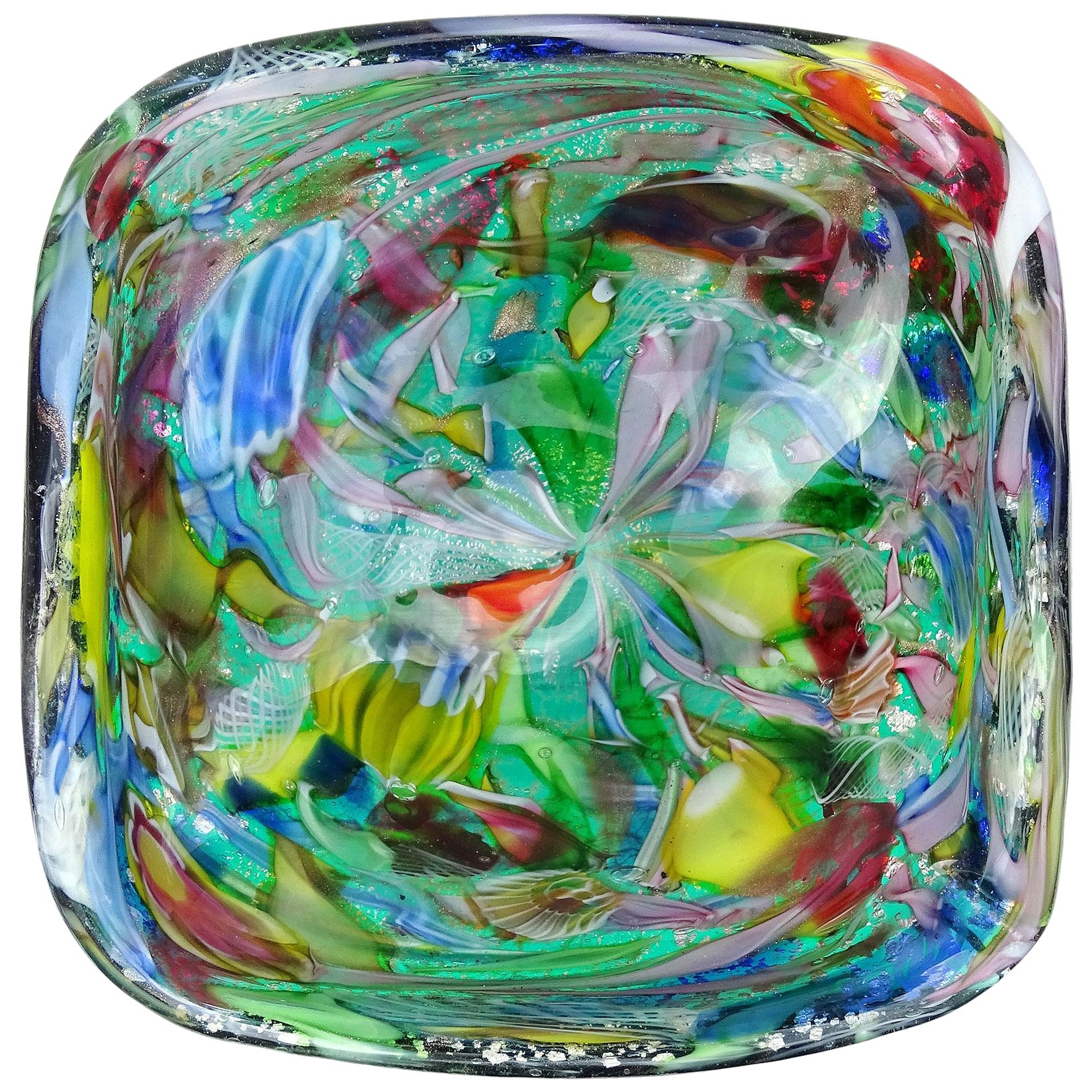 Bol en verre d'art italien de Murano vert Millefiori à fleurs et mouchetures d'argent