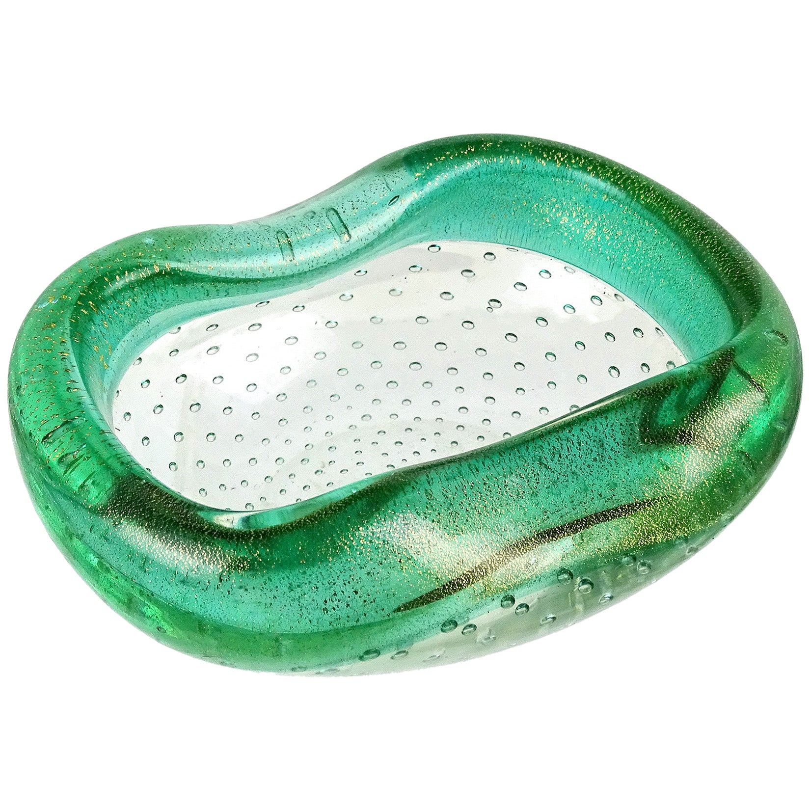 Seguso Murano Green Gold Flecks Bubbles Incalmo Rim Italian Art Glass Bowl