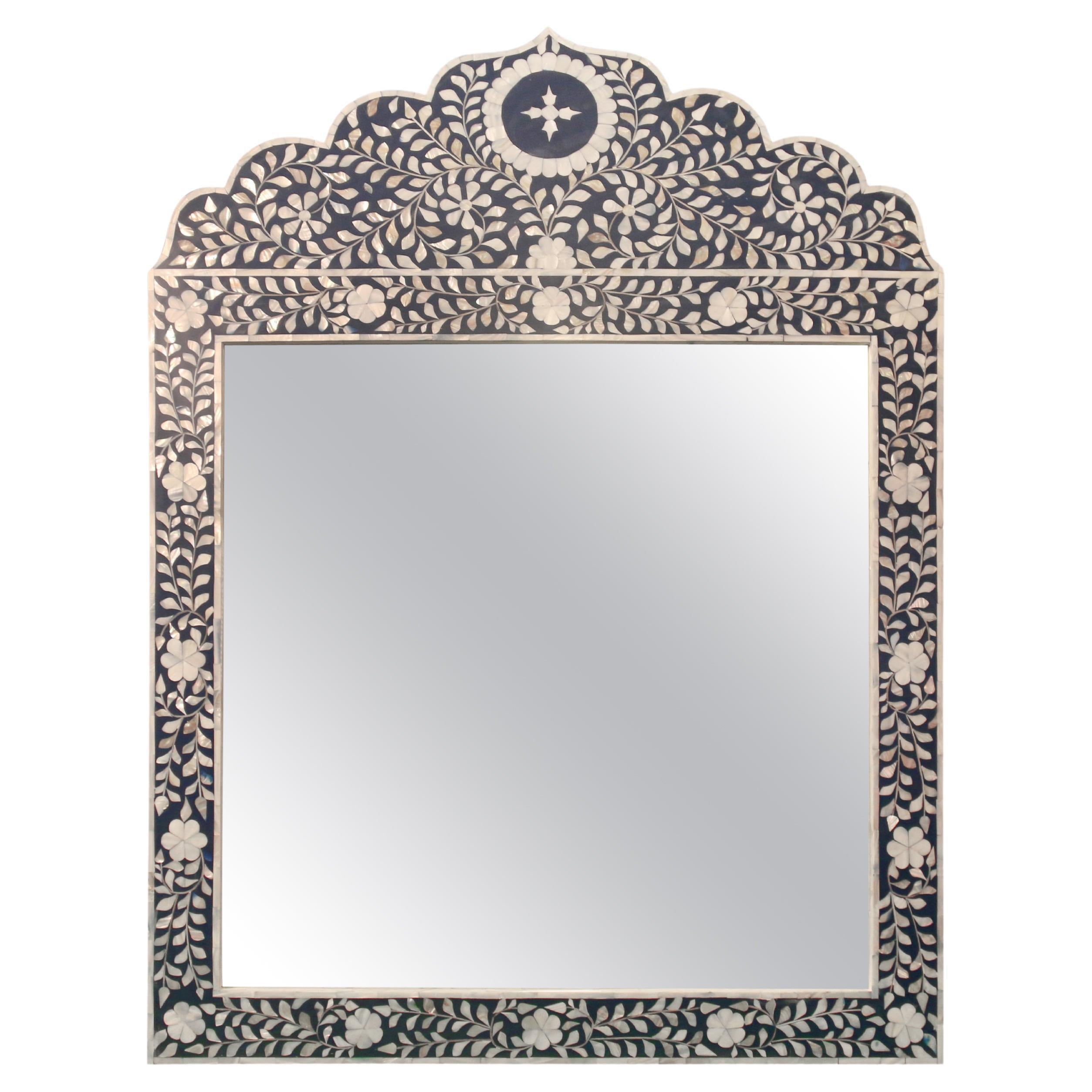 Crested Mother of Pearl Mirror in Indigo Blue For Sale