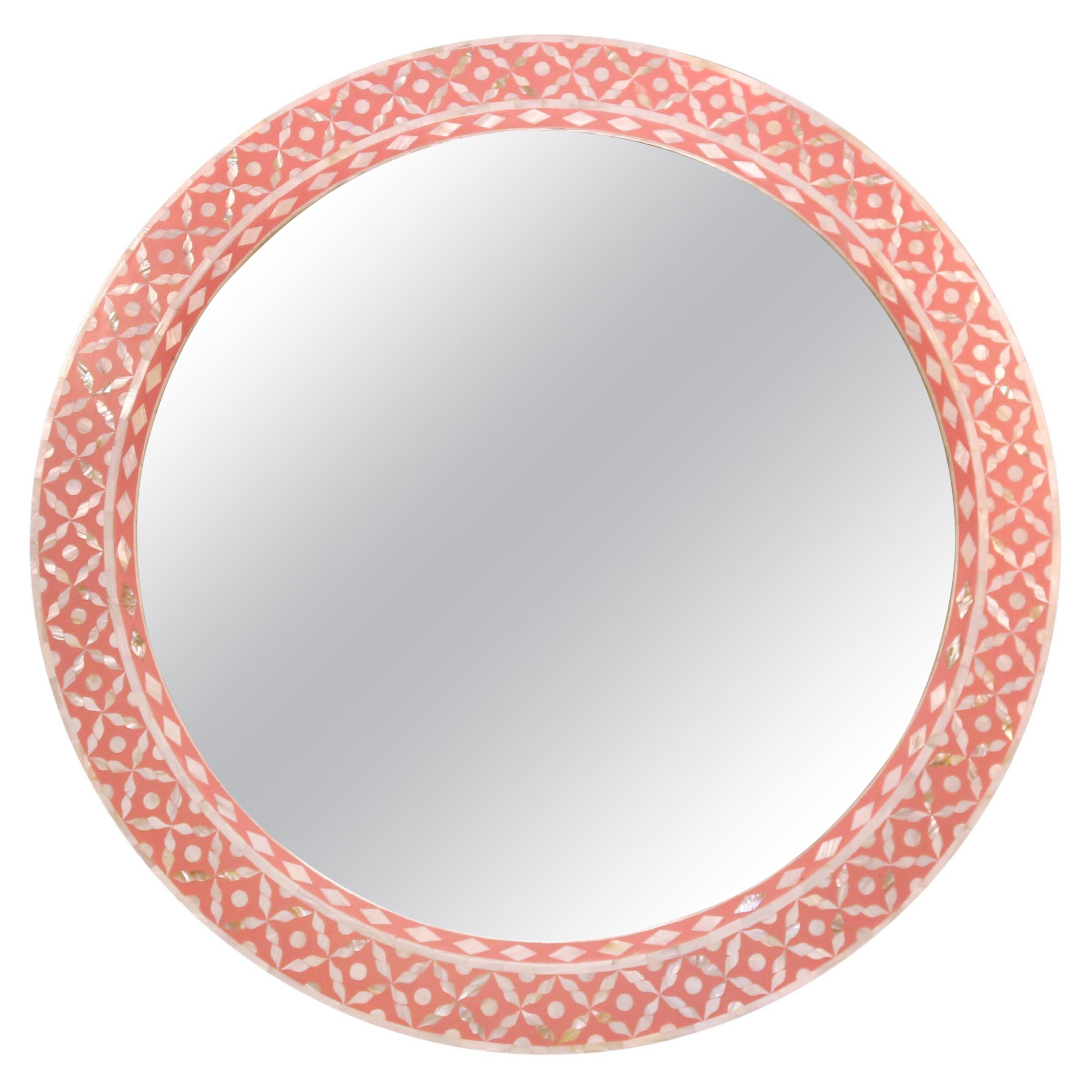 Round Mother of Pearl Mirror in Pink For Sale