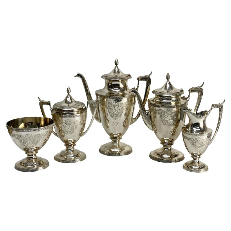 Set of 5 Piece Gorham Coin Silver Tea and Coffee Set, circa 1870 For Sale