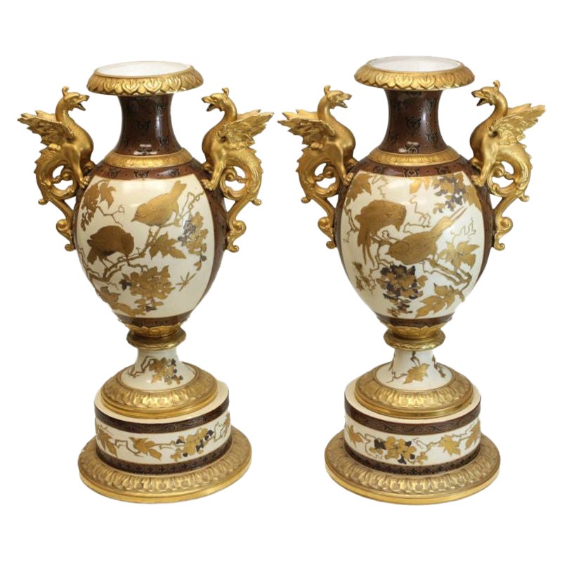 Pair Pirkenhammer Porcelain Aesthetic Gold Encrusted Dragon Vases, c 1880