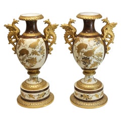 Antique Pair Pirkenhammer Porcelain Aesthetic Gold Encrusted Dragon Vases, c 1880