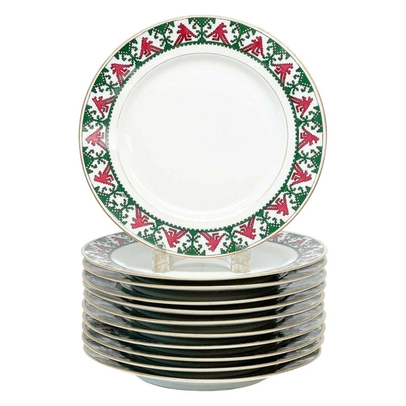 11 Kornilov Bros Imperial Russian Porcelain Dinner Plates Red & Green, c. 1910 For Sale