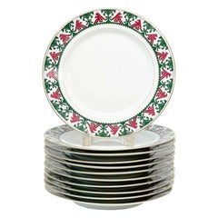 11 Kornilov Bros Imperial Russian Porcelain Dinner Plates Red & Green, c. 1910