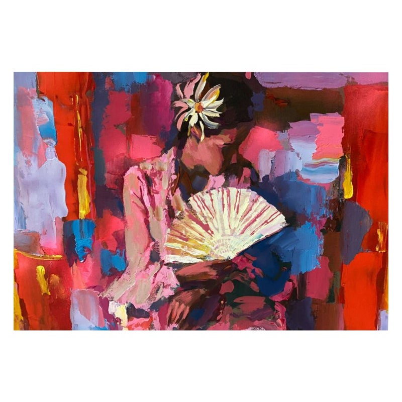 Nicola Simbari (Italian) Oil on Canvas Oriental Woman with Fan, 20th Century