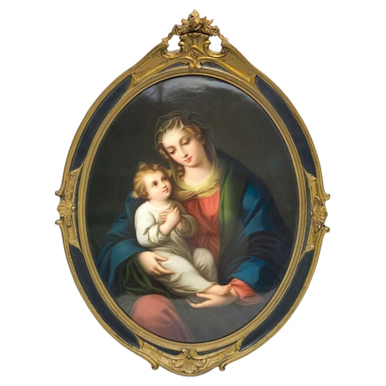 Large German Painted Porcelain Plaque of Madonna & Child, 19th Century For Sale