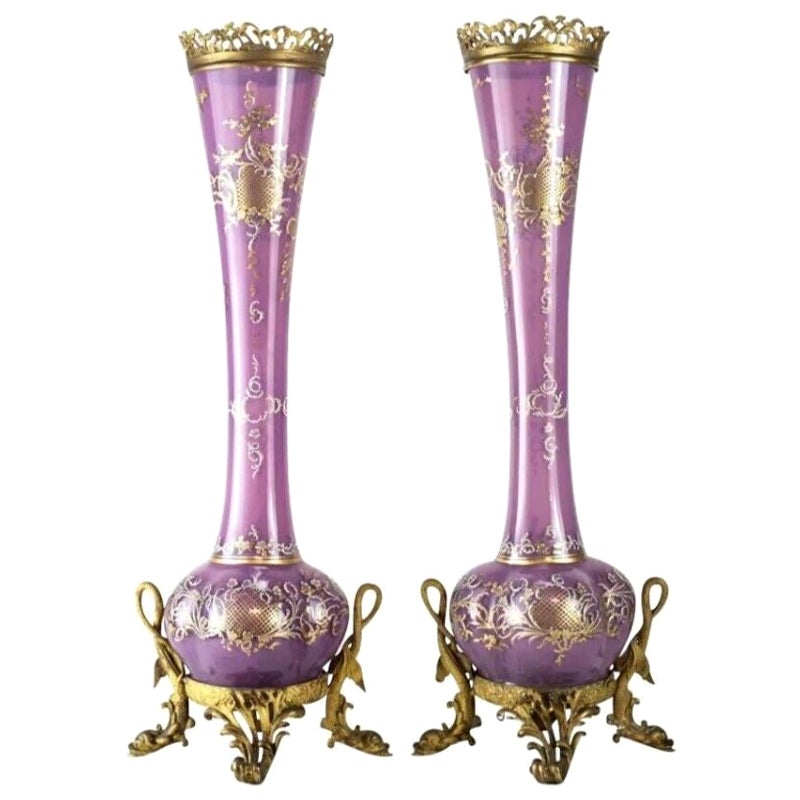 Incredible Continental Enamelled Gilt Glass Vases, Bronze Mounts, 19th Century