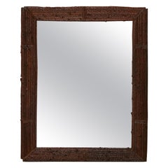 French Twig Style Turn of the Century Tramp Art Mirror with Dark Brown Patina