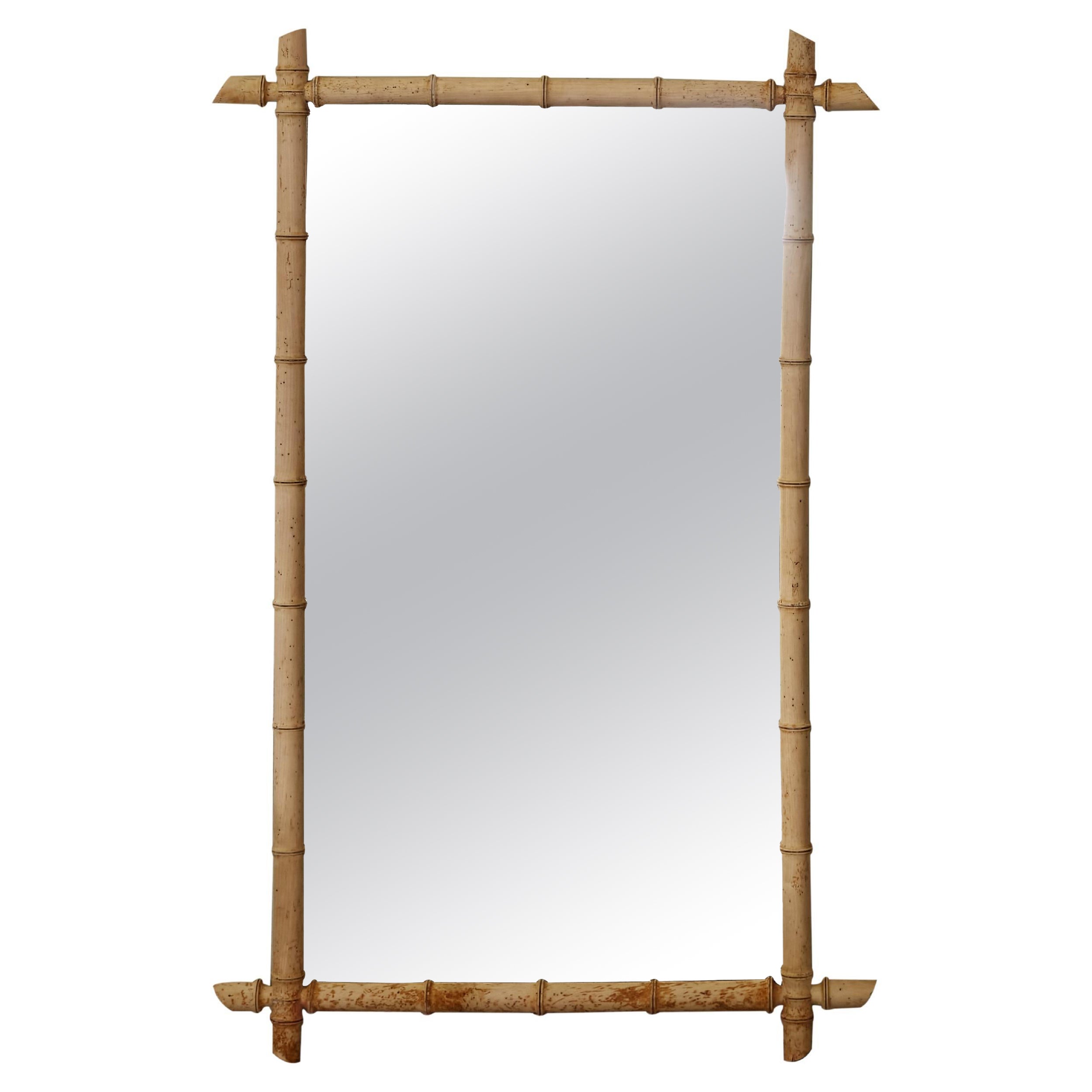 French Bleached Walnut Faux-Bamboo Mirror with Intersecting Corners, circa 1900