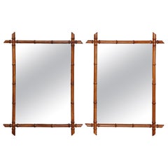 Pair of French Walnut Faux-Bamboo Mirrors with Intersecting Corners, circa 1900
