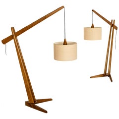 Pair of French Adjustable Oak Floor Lamps, 1960s