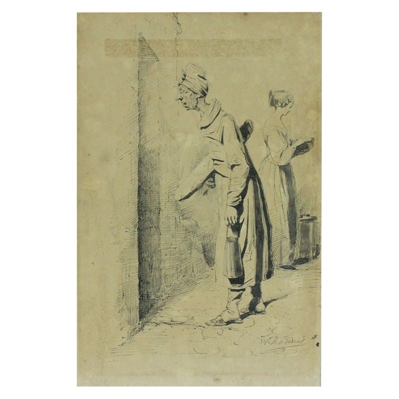 Le dessin d'une vieille femme au stylo crayon et à l'encre de Charles Joseph Travies De Villers en vente