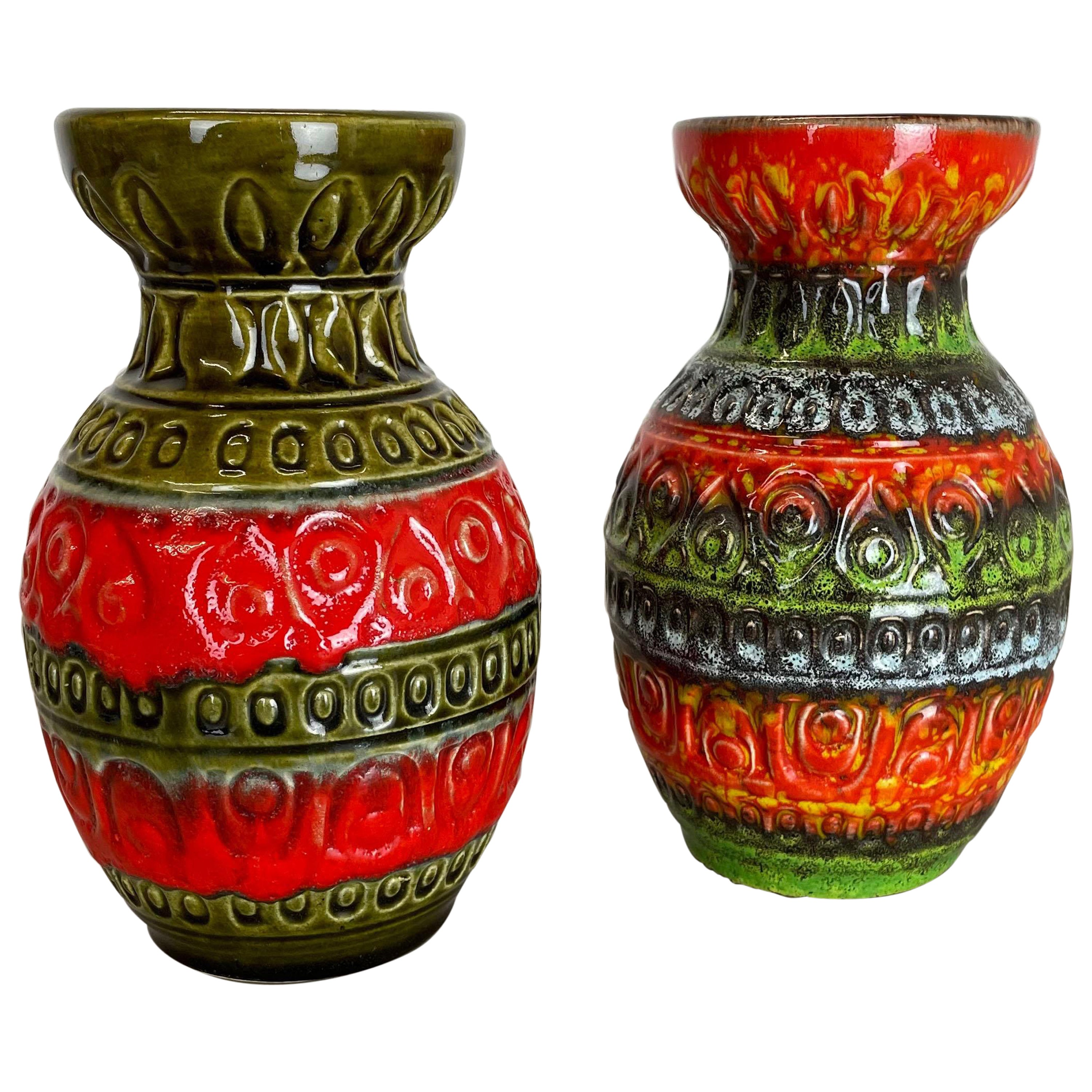 Set of 2 Multi-Color Fat Lava Op Art Pottery Vase by Bay Ceramics Germany, 1970s
