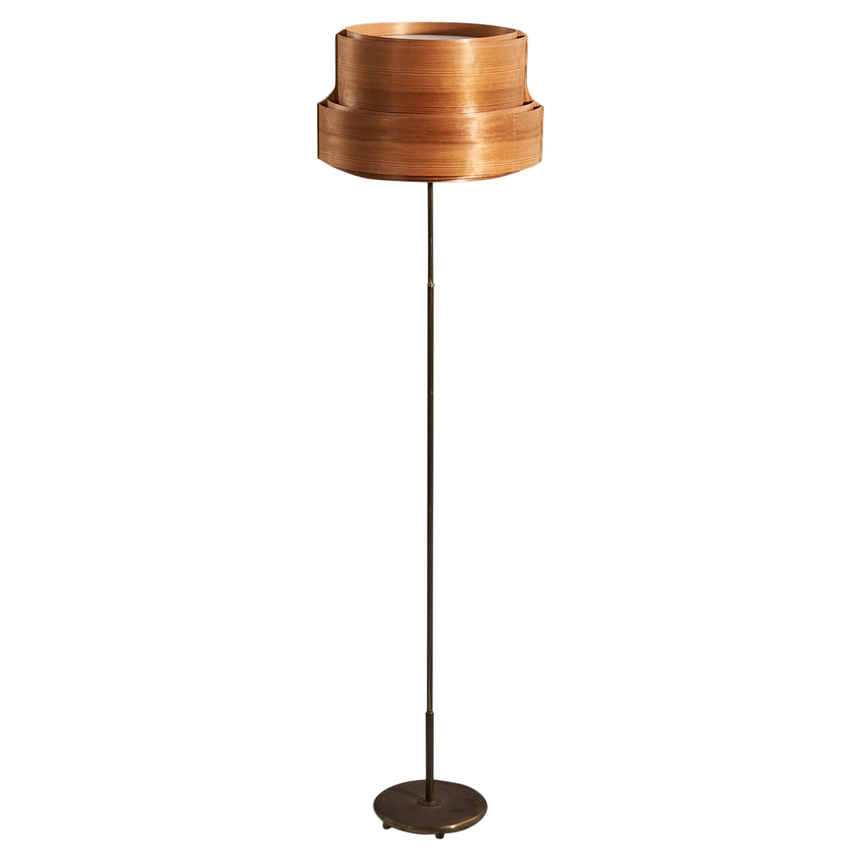 Swedish Designer, Floor Lamp, Brass, Acrylic, Pine, Pine Veneer, Sweden, 1960s For Sale