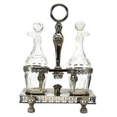 Antique French Hand Chased 800 Silver Set Cruet with Two Crystal Cut Jars, circa 1810