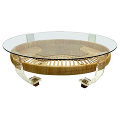 French Used 2-Tier Jacaranda Wood Weaved Rattan Sofa Table with Lucite Feet