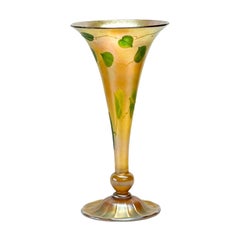 LCT Tiffany Iridescent Gold Favrile Art Glass Trumpet Vase Intaglio Heart & Vine