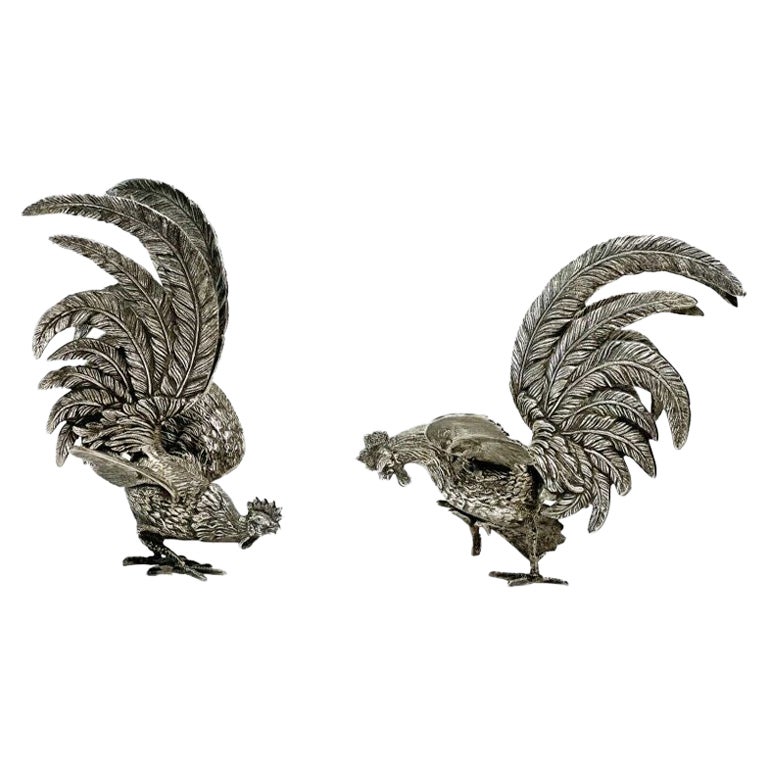 Pair Spanish Solid Silver Fighting Cocks Roosters Figures 2nd Quarter, 20th Cen
