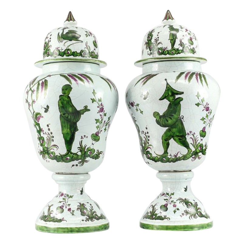 Pair of Italian Craquelure Ceramic Lidded Urn, Hand Painted Floral For Sale