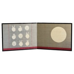 Vintage Japanese Folding Screen with Moon and Rabbit Drawn on Cloth/Old Partition/20th