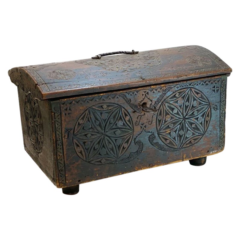 German, Dutch Hand Carved Wood Chest Box or Trunk w. Iron Mounts, 18th Century For Sale