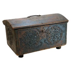 German, Dutch Hand Carved Wood Chest Box or Trunk w. Iron Mounts, 18th Century