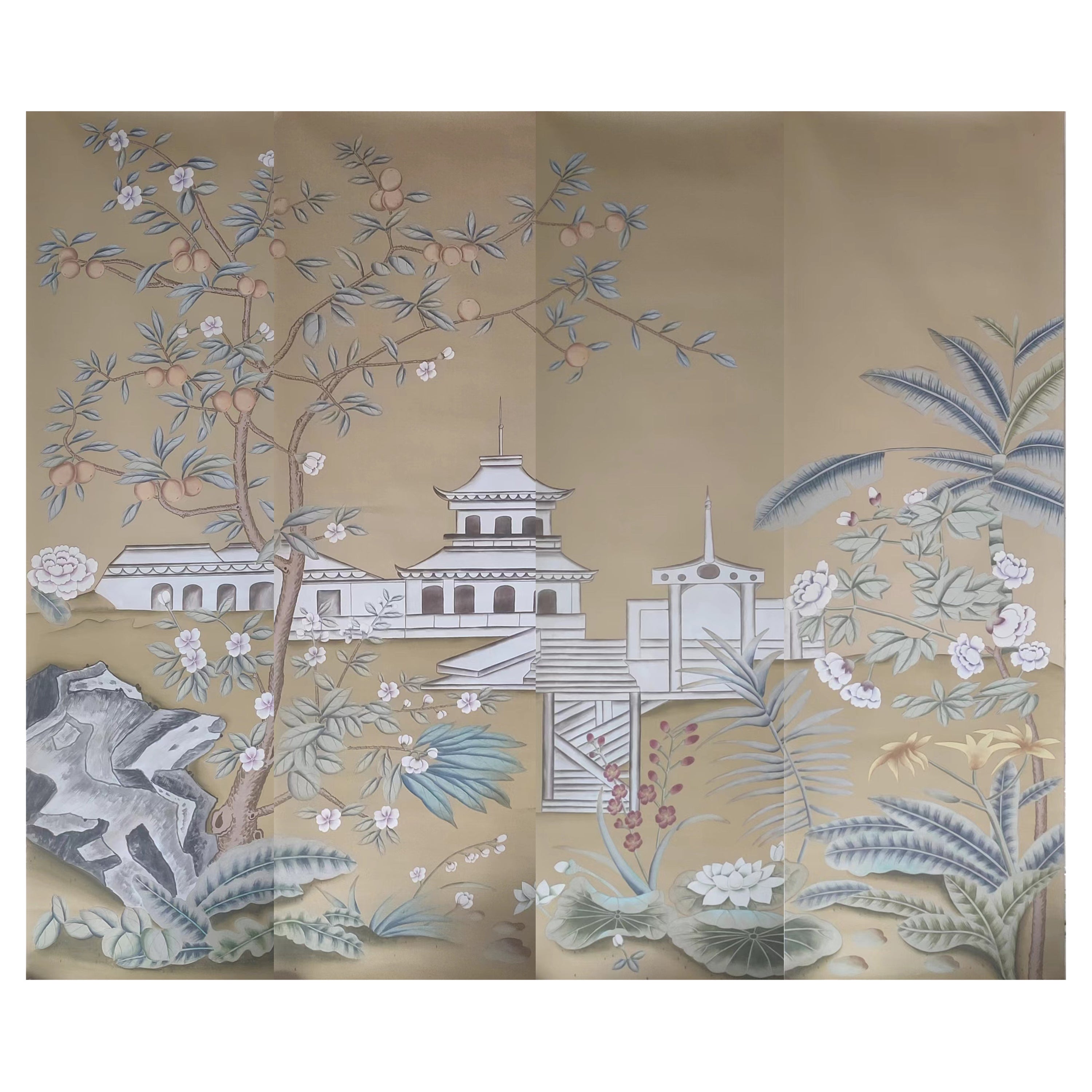 Chinoiserie Murals Hand Painted Wallpapers on Silk Panel, 4 Panels