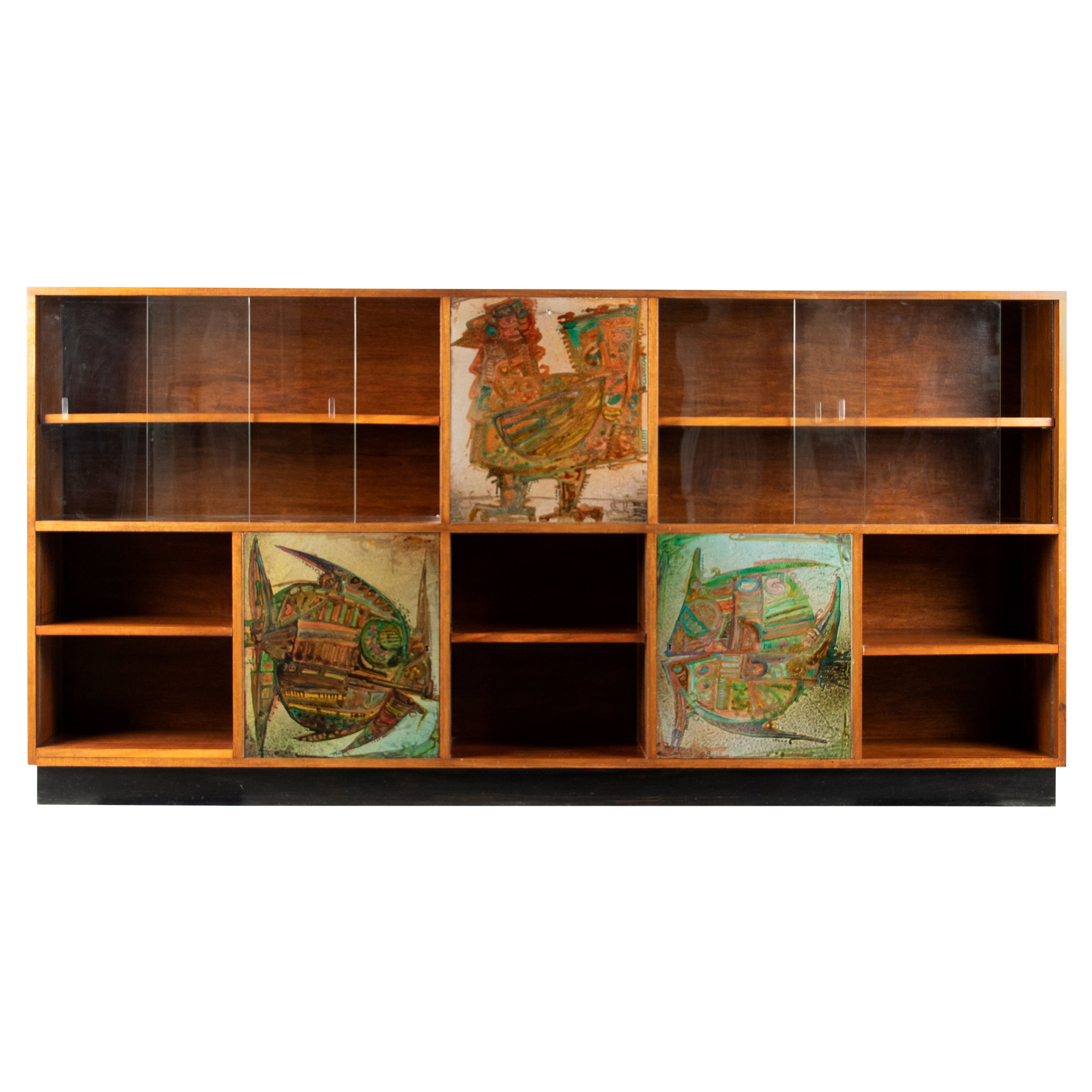 Moderner Bücherregalschrank aus Nussbaumholz mit bemalten Paneelen von Hubert Minnebo, Mitte des Jahrhunderts