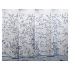 Blue Chinoiserie Mural Hand Painted Floral Wallpapers on Silk, 4 Panels