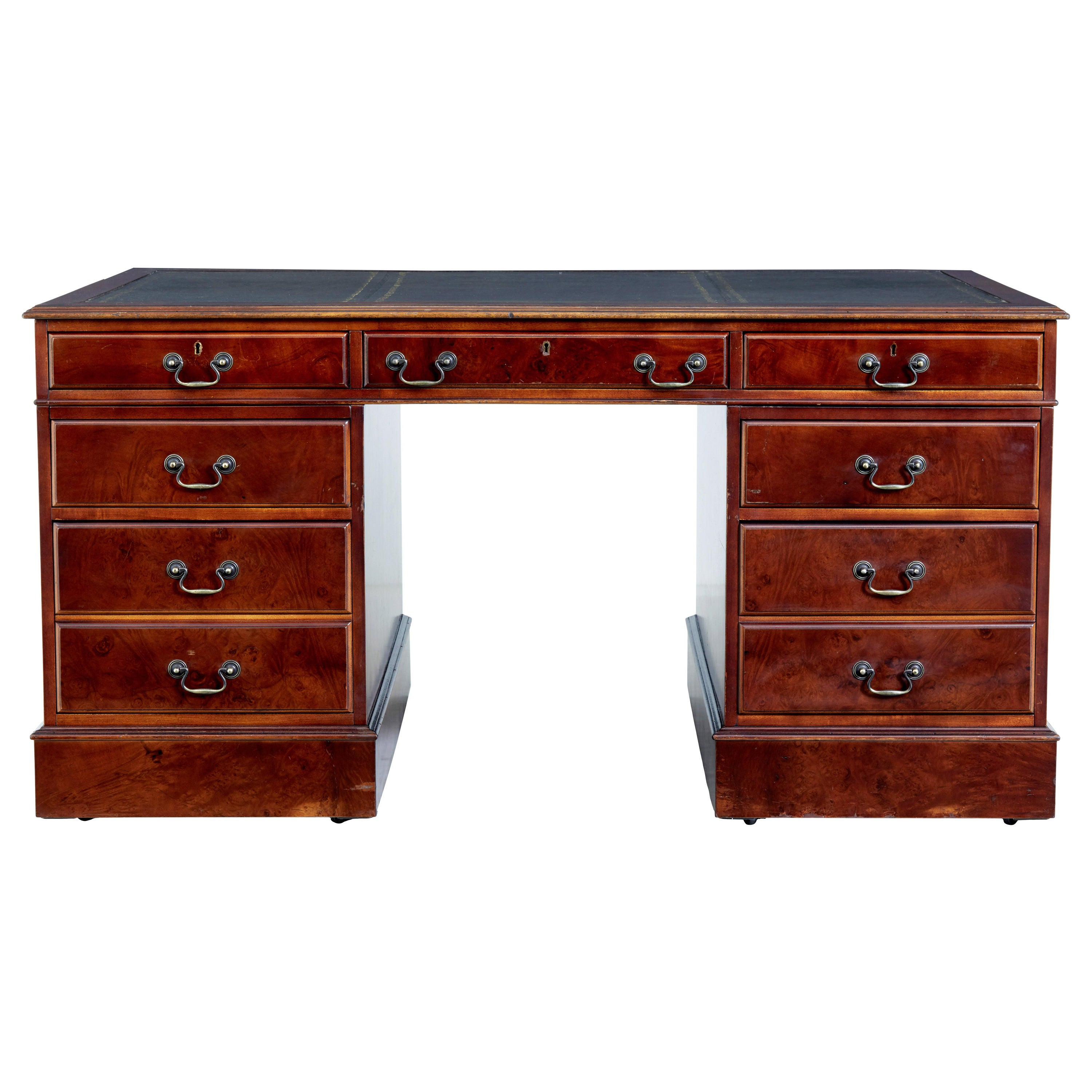 Mahogany and Burr Leather Top Pedestal Desk