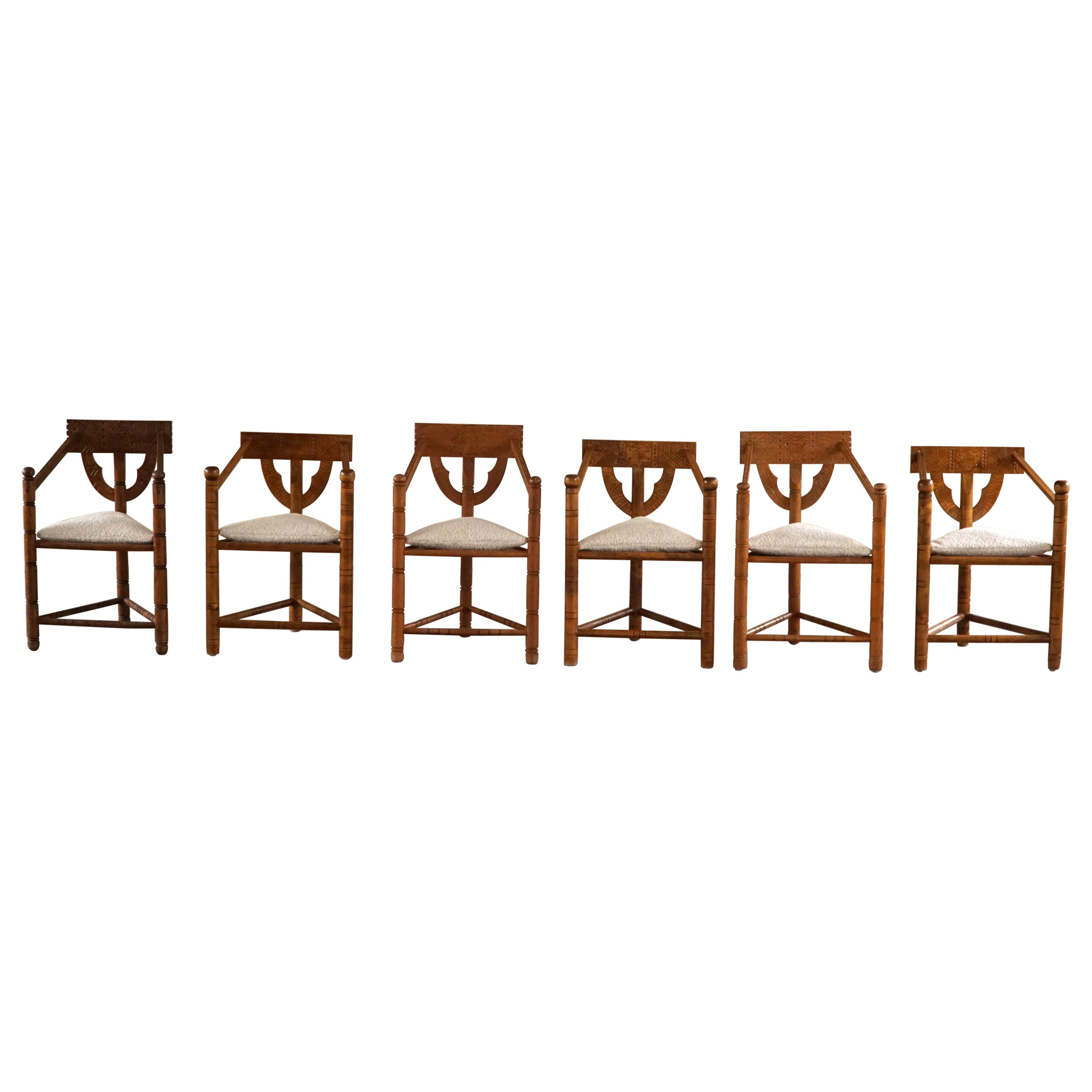 Set of 6 Swedish Monk Chairs with Bouclé Seats, Wabi Sabi, Early 20th Century