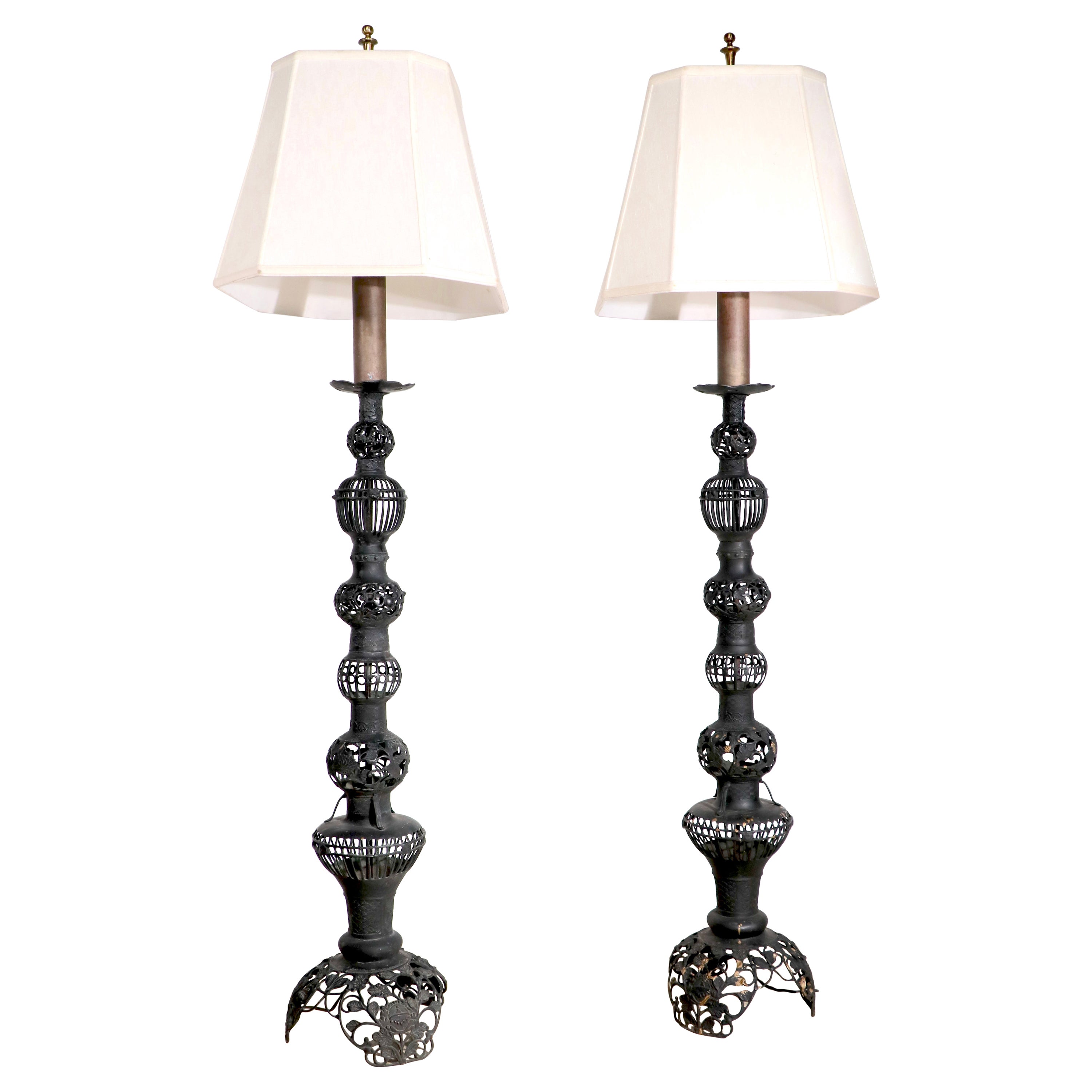 Pr. Decorative Vintage Pierced Metal Floor Lamps Made in India Ca. 1970's For Sale