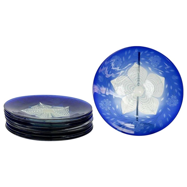 11 Durand Peacock Pulled Feather Etched Roses Glass Dessert Plates