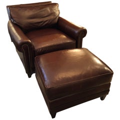 Large Dark Brown Leather Club Chair and Ottoman by Ralph Lauren