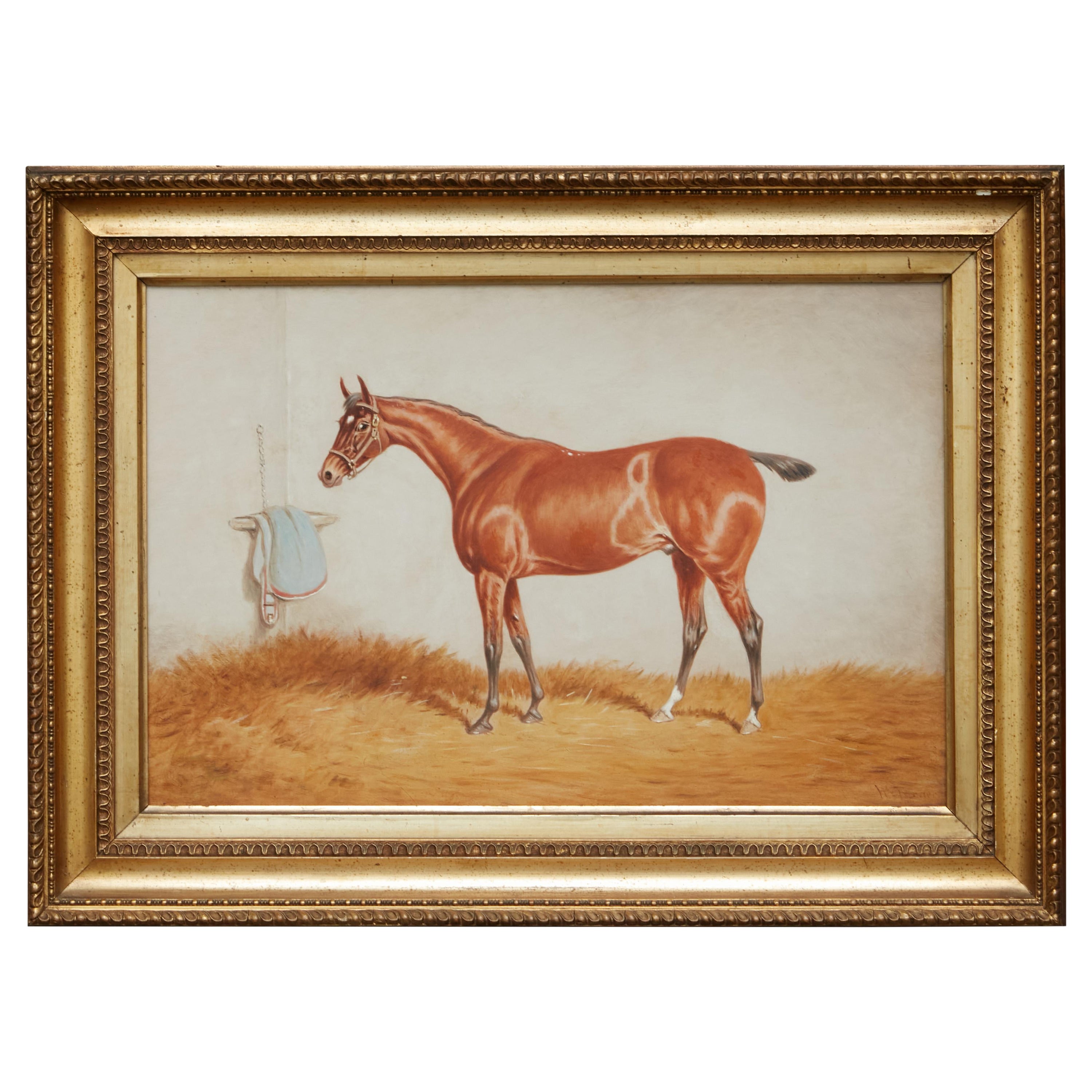 Oil on Board Horse Painting Titled the Saint Prize Hunter of England, circa 1900 For Sale