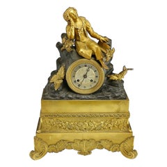 Gilt and Patinated Bronze Mantle Clock, Seated Man on Rocky Crag, 19th Century