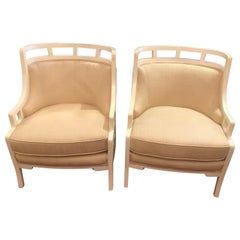 Vintage Chic Pair of White Painted Barrel Back Club Chairs Upholstered in Linen