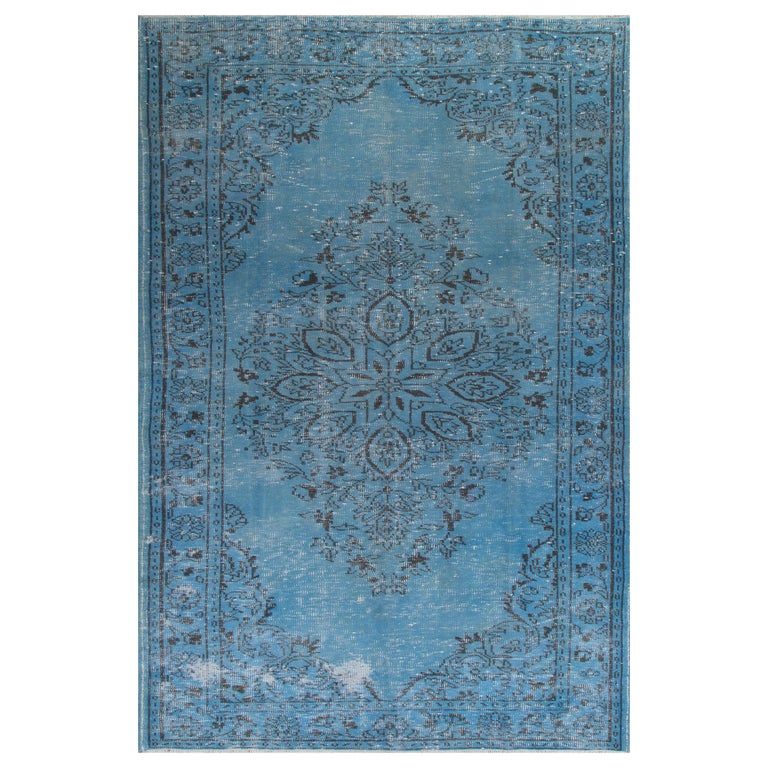 5x9.7 Ft Vintage Handmade Turkish Area Rug Over-Dyed in Blue for Modern Interior For Sale
