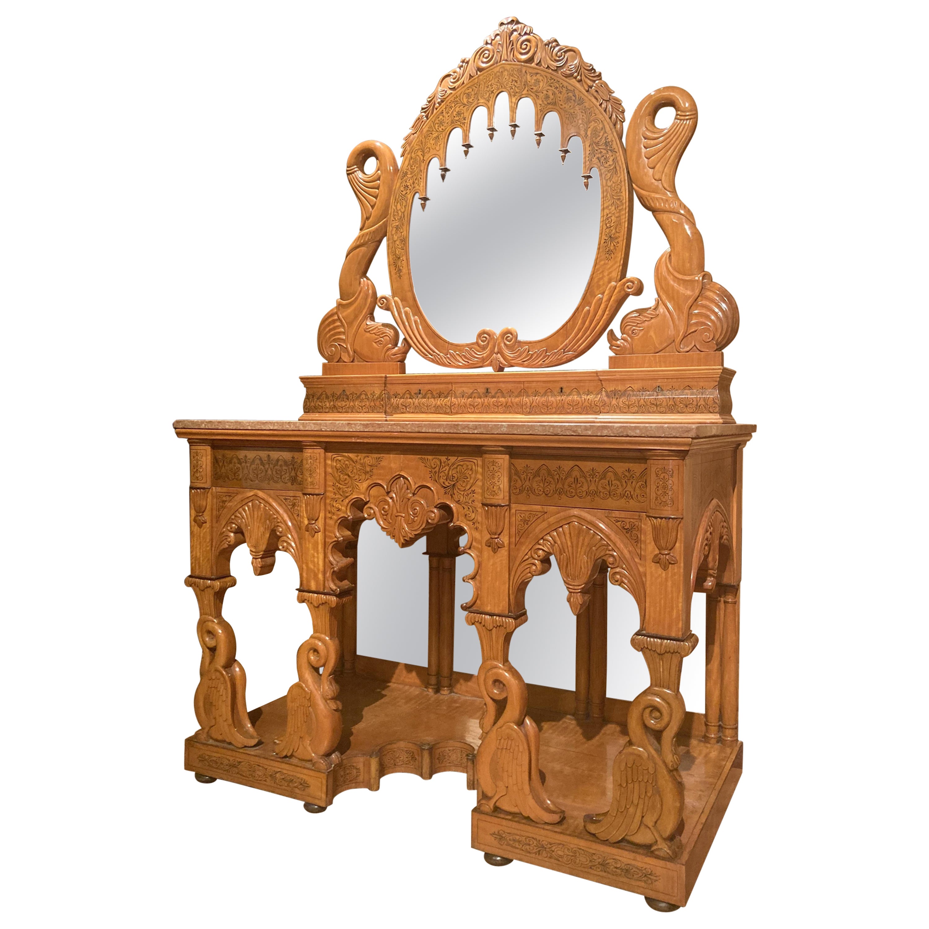 Italian Regency Hand Carved Maple Pier Console or Dressing Table with Mirror